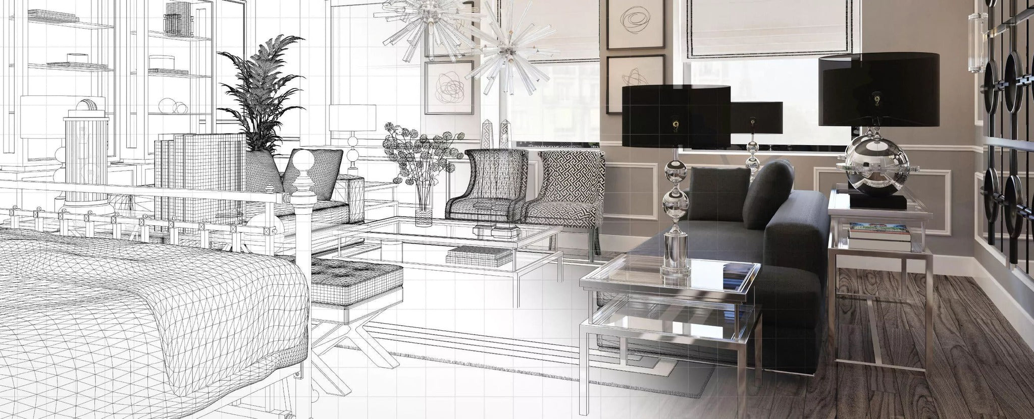 Visualisierung eines Wohnraums mit Übergang von einem 3D-Rendering zu einer real eingerichteten Eichholtz Interior-Szene mit Designmöbeln und Leuchten