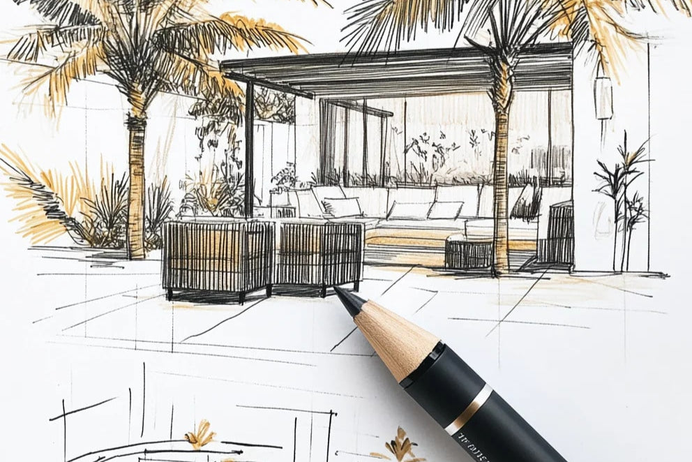 Handgezeichnete Planungsskizze eines exklusiven Outdoor-Wohnbereichs – persönliche Beratung und Gestaltungshilfe durch das Eichholtz-Team in Wien